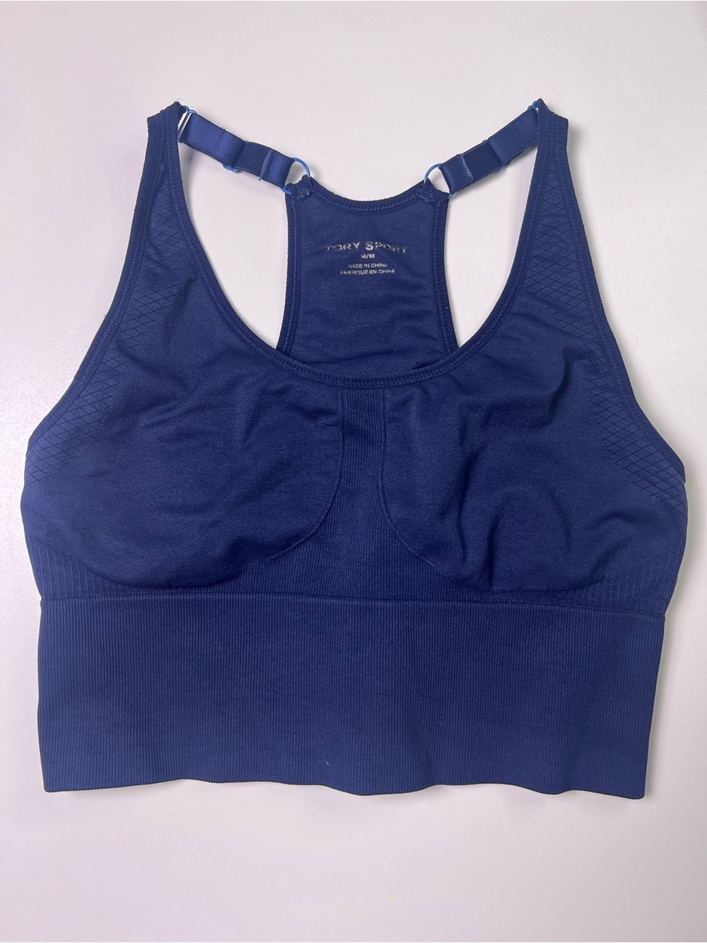 Tory Sport Blue Racerback Sports Bra Womens M Adjustable Stretch Wireless
